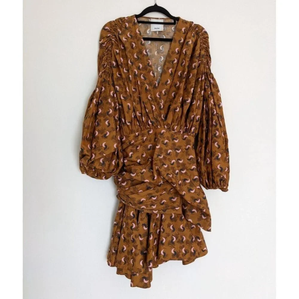 Acler Dorset Mini Dress Long Puff Sleeves Rouched Silk Blend Brown Pink Size 8 - Picture 4 of 10